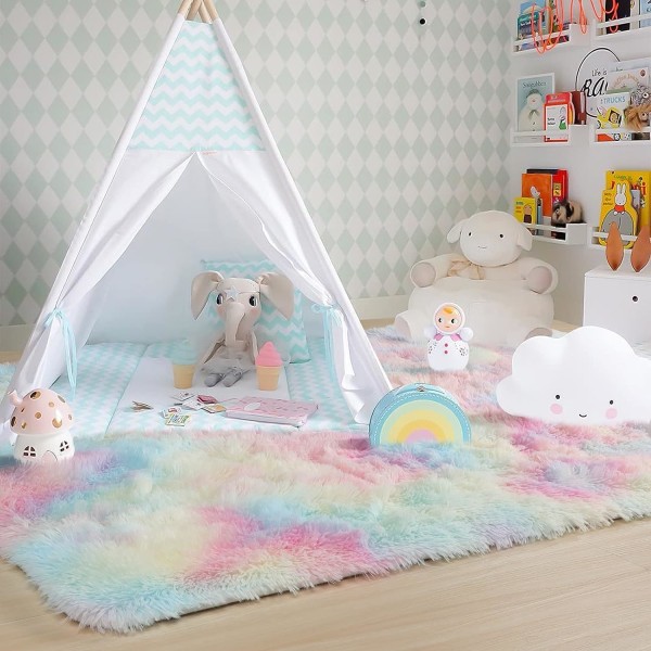 Fluffiga regnbågsmattor för flickor i sovrummet, Unicorn-rumsinredning, pastellmattor för barn, Shagmattor för barnkammare, mjuka baby , fuzzy mattor för vardagsrummet