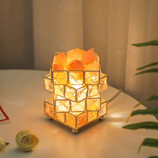 Rubiks kube firelags krystal bordlampe naturlig krystalsaltsten sengelampe prinsesseseng dekoration net rød ins pige