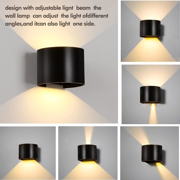 10W Innendørs LED Vegglampe, Utendørs Vegglampe IP65 Vanntett, Moderne Aluminium Vegglampe Justerbar Opp og Ned 3000K Varmhvit 【Svart】