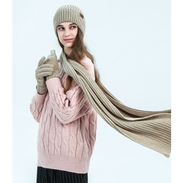 Varma scarfhatthandskar Tredelad set av solid ribbad stickad ullmössa filtscarf (beige)
