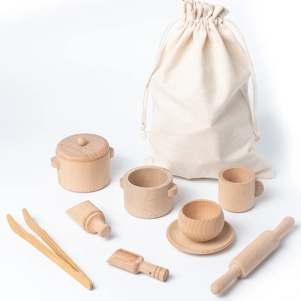 Montessori Sensory Enlighten Puzzle Toys Set Simulated Kitchen Tea Set Familjeupplevelse Tidig barndomsutbildning Träleksaker（Träbox ingår ej）