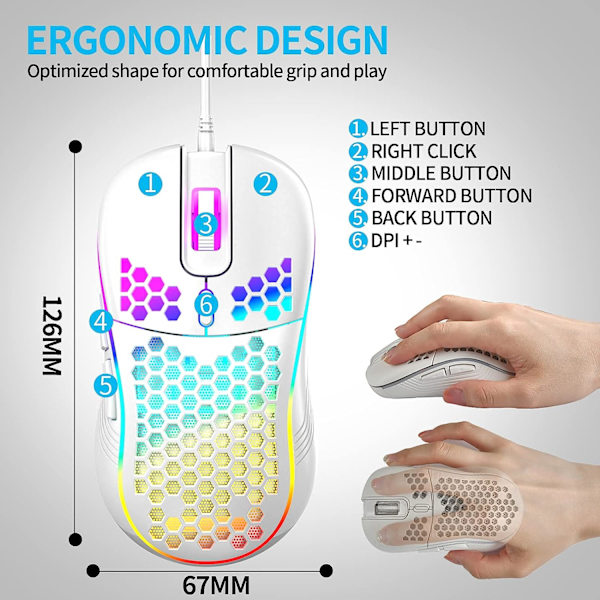 Honeycomb trådad spelmus, RGB-bakgrundsbelysning och 7200 justerbar DPI, ergonomisk och lätt USB -datormus med högprecisionssensor för Windo