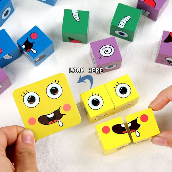 Pussel för barn med ansiktsbyte Byggklossar Montessori Cube Bordspel Leksak Tidiga pedagogiska leksaker för barn Gåvor
