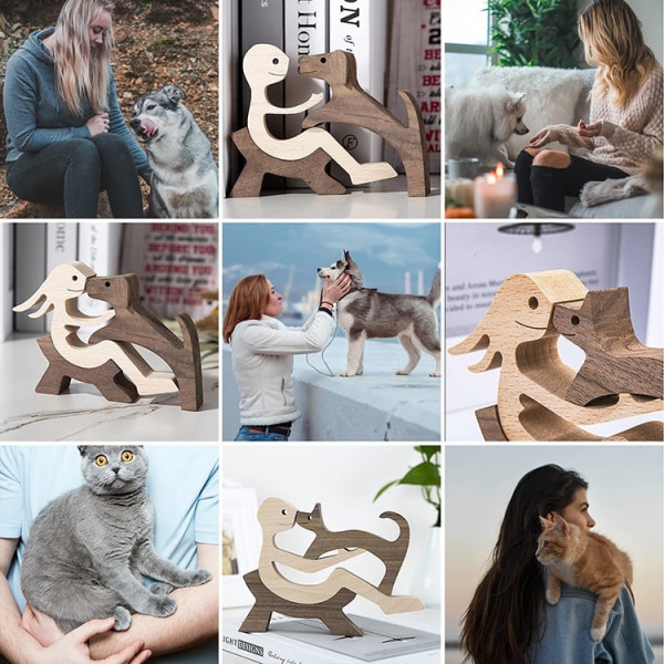 Trä Hundälskare Familj Skulpturer Hantverk Figurine Små Ornament