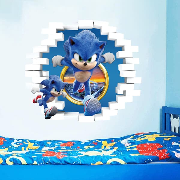 2 stycken Sonic trasig vägg 3D väggdekal, vardagsrum, sovrum, graffitidekoration, självhäftande spelaffisch, tecknad animationsdekal