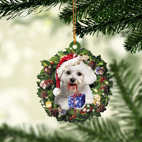 Malteser bär julhatt Krans Hundälskare Julgransprydnad Topper Heminredning Glimmer Bauble Hållare Vintage Stor Unik Julafton Set Dec