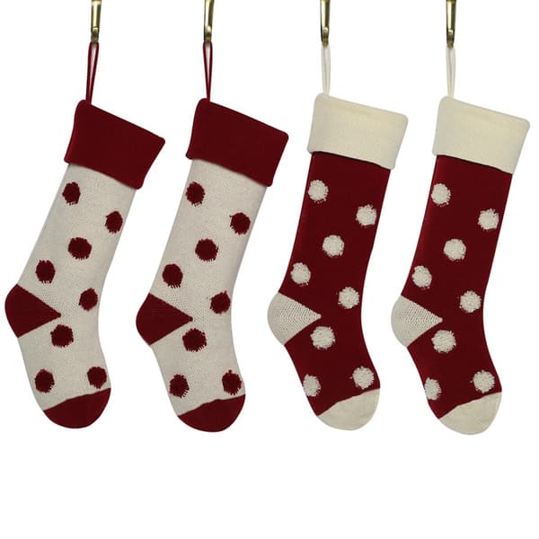 Solid Jule Strømpe Ornament med Polkadotter, 4 Stykker