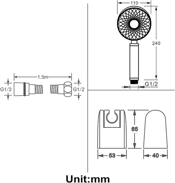 Brusehoved Sort Rundt Selvrensende Håndbruser 3 Tilstande Universal Brusehoved ABS Plast Brusehoved med 150 cm Bruserslange, ABS Bruseholder (A)