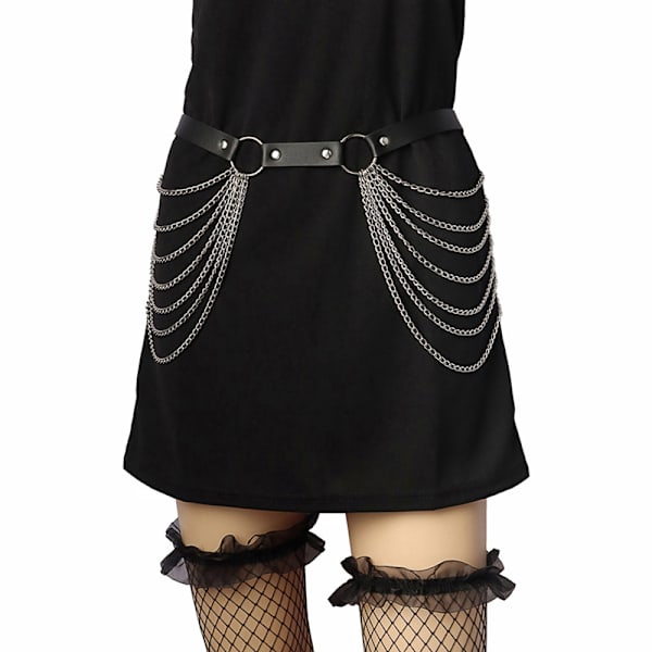 Punk läder mage midjekedja Bälte Silver Layered Body Chains Festival Rave Body Chain Smycken för kvinnor och flickor
