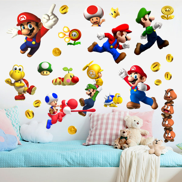 3D Mario bakgrundsväggdekoration Mario väggdekor barnrum tecknad PVC-graffiti självhäftande klistermärke