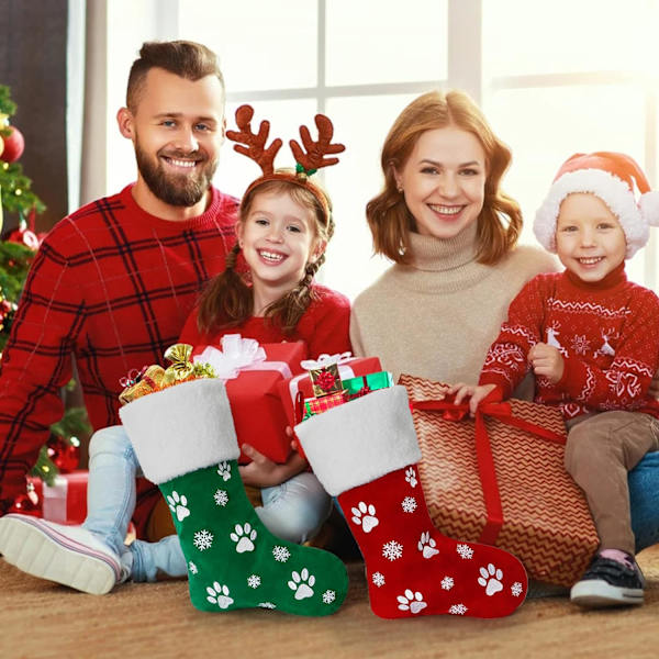 Joulusukat, 2 kpl, Joulukoristeet, Punavihreä Sametti Kirjailtu Lumihiutale Tassut 18\" Pehmo Tekoturkisreunuksella Sukka Ripustus Holida