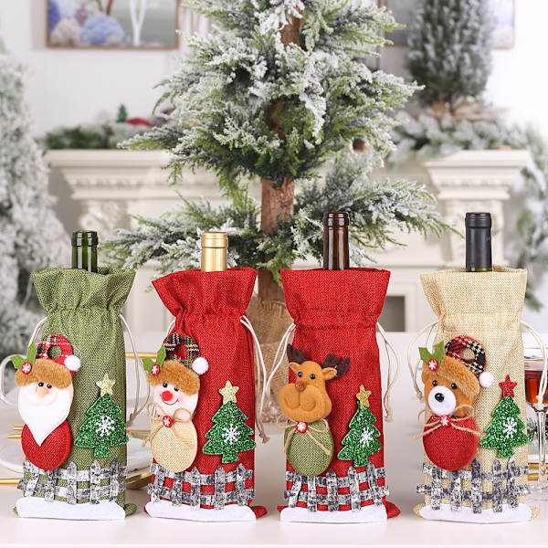 4-pack cover för vinflaskor, julälg, jultomte, vinflaskpåsar, snögubbe, jultröja, överdrag för vindekor till jul dec