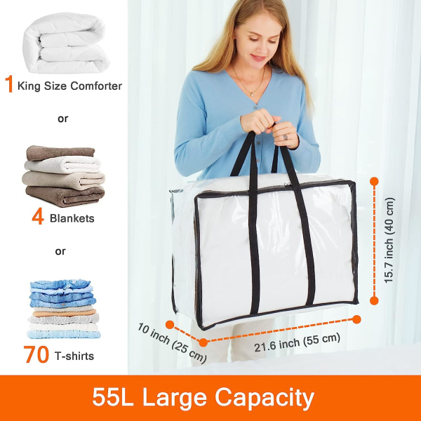 Genomskinlig organizer med förstärkt handtag, 21,6 x 15,7 x 10 tum, vinylförvaringsväska för täcke, filt, sängkläder, täcke, genomskinlig Movab