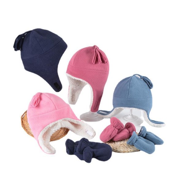 Dubbla lager mössa för söta barn Baby pojkar och flickor Fleece mössa Handskar cap (mörkrosa L)