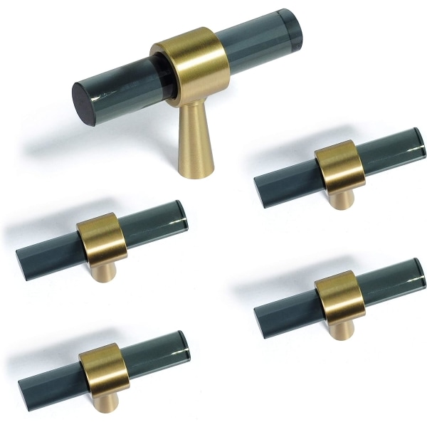 Set med 5 Mässing Glas Skåpsknoppar T Bar Handtag Byrå Lådhandtag Möbelbeslag Guld (Svart)