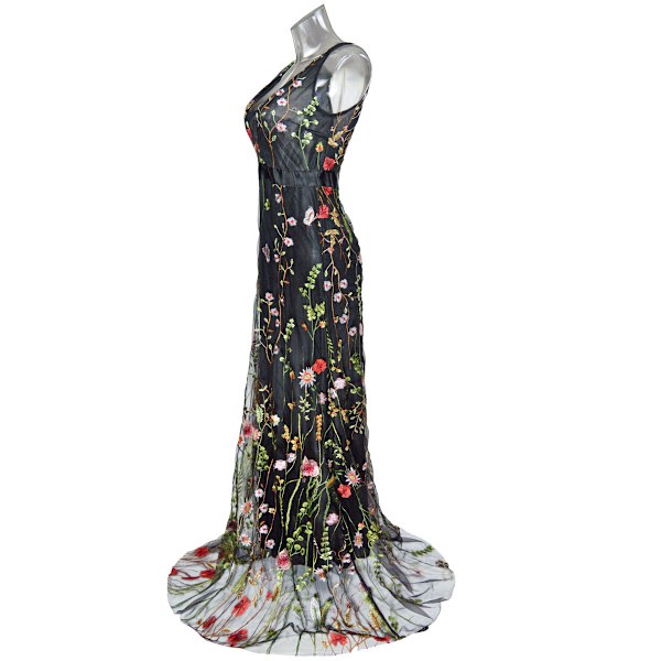 Broderad Maxiklänning Kvinnor Sexig Djup V-ringad Blommig Boho Backless Party Bal Strand Bröllops Lång Klänning Vestido-M