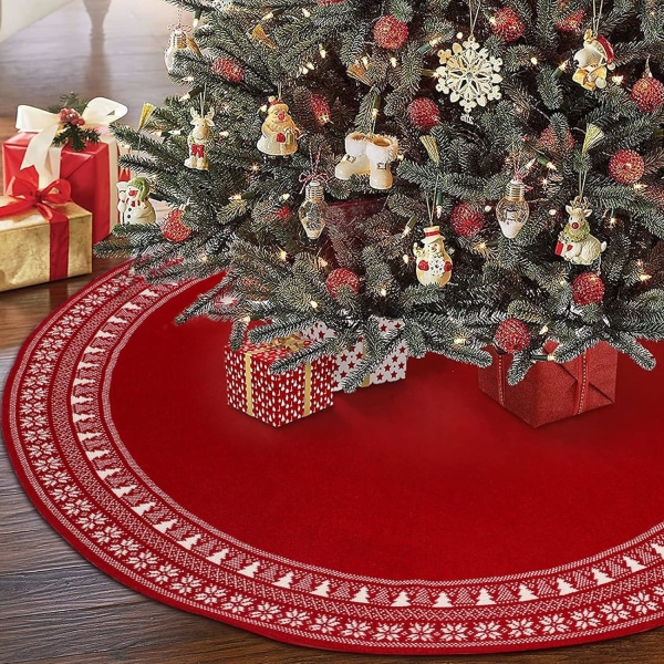 Julgranskjol, 48 tums röda stickade julgranskjolar med julgran och snöflingamönster, julgranskjol för varm jul dec