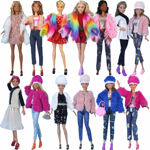 13 delar 30cm Barbie Doll Kläder Mode lurvig vinterrock Kostym