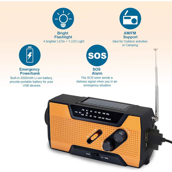 Håndsveiv Nødradio, Solar Bærbar Multifunksjonell Utendørs Nyhetsradio med 2000mAh Strøm/LED Lommelykt/SOS Alarm (Oransje)