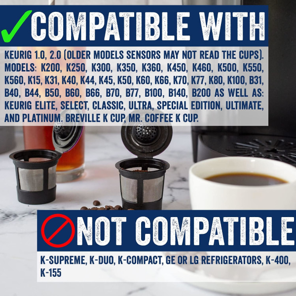 Återanvändbara kaffefilter kompatibla med 1.0 och 2.0 Keurig enkelkopp kaffebryggare - BPA-fritt rostfritt stål påfyllningsbart K kopp kaffefilter med fin
