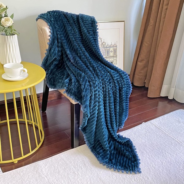 Fleecefilt Twin Storlek - 51x59, Blå - Mjuk, Fluffig, Fluffig, Varm, Mysig - Perfekt plagg för soffa, säng, soffa - med Pom Pom fransar - Flanell Blanke