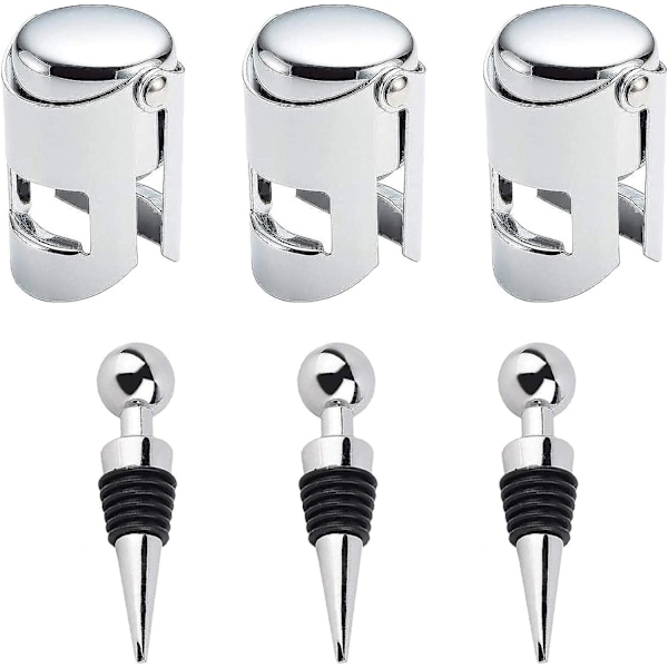 6 stycken flaskproppar（3 stycken vinproppar, 3 stycken champagnepropp i rostfritt stål）Champagneförslutningspropp, Beer Saver-förseglare