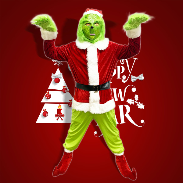 6-delad kostym av julmonstret, hela spelet av Grinchen, julmonstret, kostymen, kostymen för Halloween Green Fur Monster，M