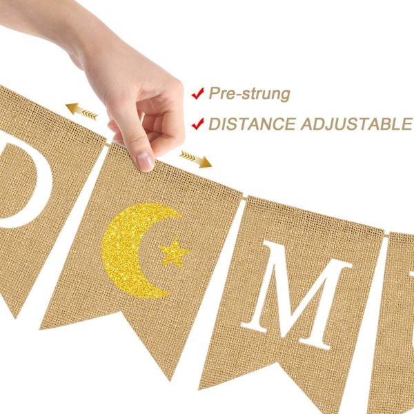 Jute Burlap RAMADAN MUBARAK Banner med Måne og Stjerne Mantel Peisdekorasjon 3