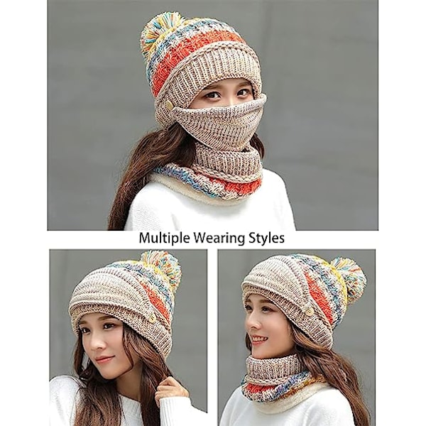 Dam Vintermössa Scarf Mask 3 i 1 Fleecefodrad Stickad Varm Beanies Hattar Scarfs Set med Pompom