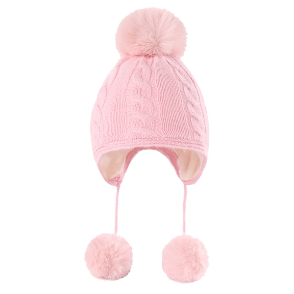 Barn hörselskydd stickad mössa ullboll baby handskar set (Rosa)