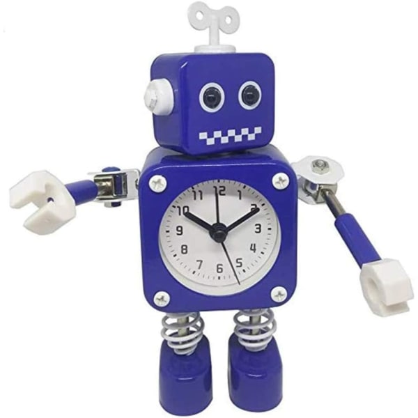 Robotväckarklocka, tyst väckarklocka i rostfritt metall med blinkande upplysta ögon och roterande arm, present till barn (blå)