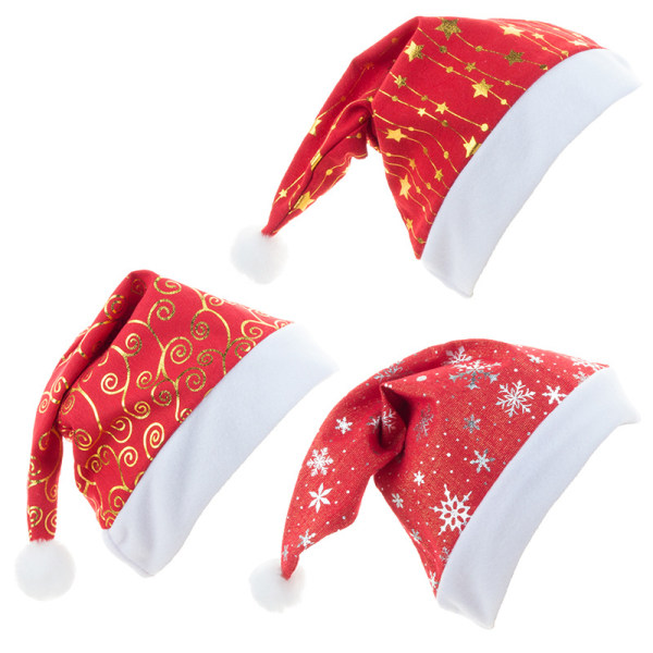 3 Julehatter Trykte Flanell Julehatter med Gullstjerne Snøfnugg Juledekorasjon Bruk 40*28cm