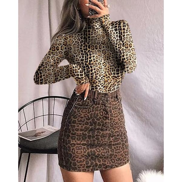 Langermet turtleneck-topp for kvinner (Leopard, Large)