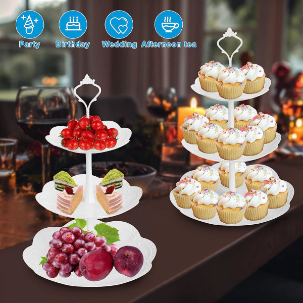 3-vånings muffinsställ, serveringshållare i plast, dessertbricka för te, baby shower och bröllop (ren vit) (plast)