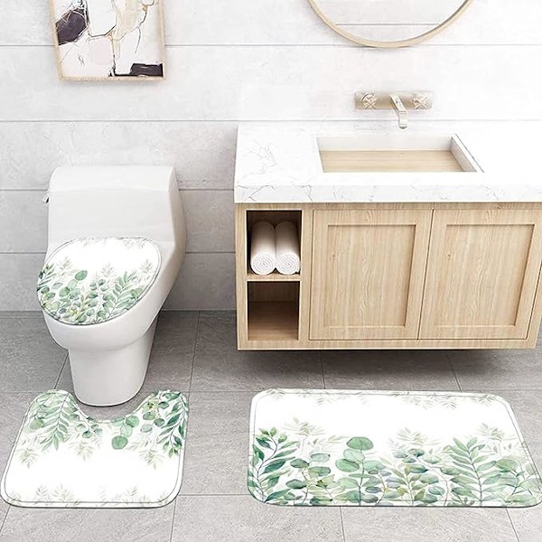 Vihreät lehdet suihkuverhosetti liukumattomalla matolla, WC-kannen suojuksella ja kylpymatolla, kasvien lehtiä suihkuverho