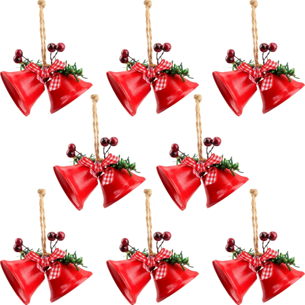 8 par röda julklockor metall träd prydnader Xmas jingle Bells för presentinpackning julgran heminredning hantverk