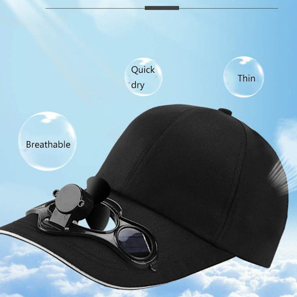 Sommer Solcelledrevet Køleventilator Baseball Cap Solskærm Hat, Solcelleventilator Cap, Sort