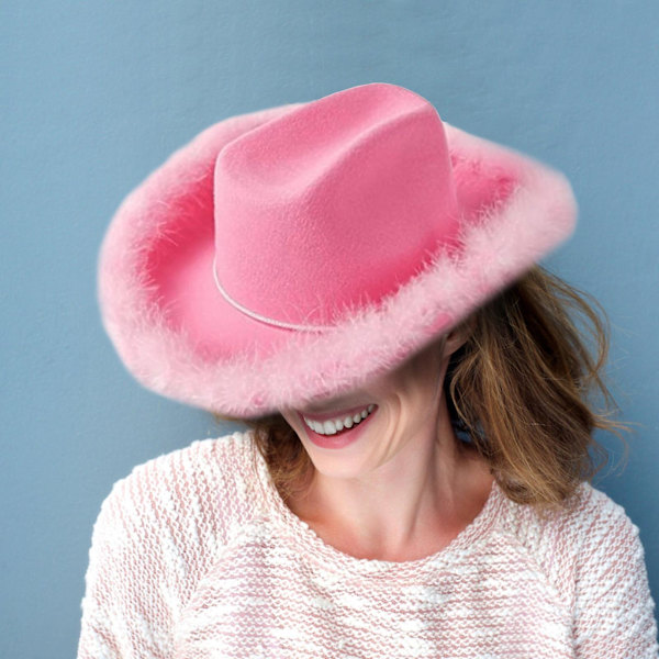 Rosa cowgirlhatt med fjäder Boa fluffig fjäderbrätte vuxenstorlek cowboyhatt för möhippa