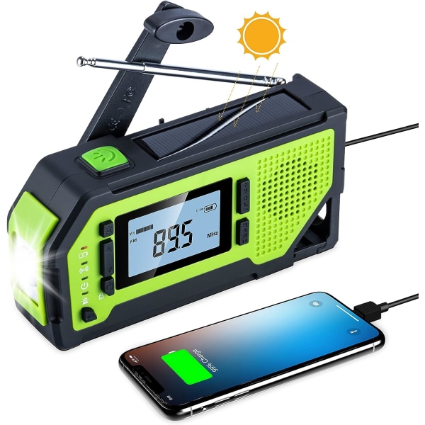 Bärbar radio med LCD-skärm och 2000mAh uppladdningsbart batteri Handvev Nödradio Solar Power Bank SOS Alarm -Grön