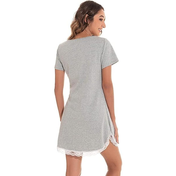 Dame Bomulls Nattskjorte Kort Nattskjole Sommer Blonde Nattskjole med Lomme/Kort Erme Blonde Nattskjole, Grå, Størrelse L