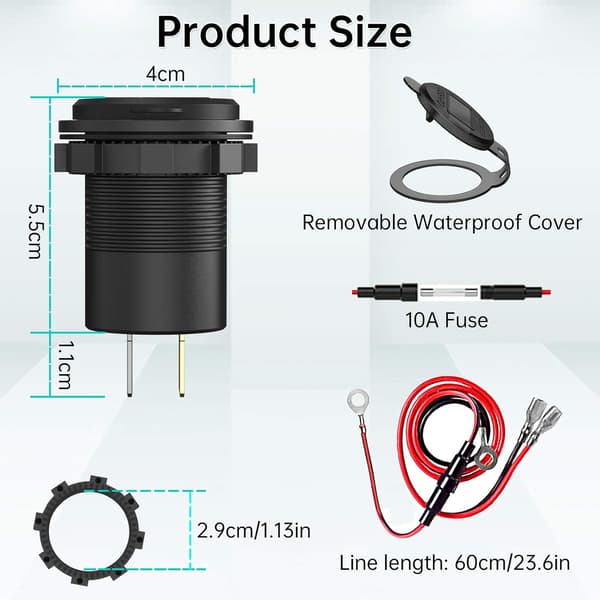 12V USB C Billader Socket, Ouffun Dobbel PD & QC 3.0 Porter 12V USB Bil Socket Adapter med Knappbryter, Hurtiglader for iPhone med 60 cm Kabel