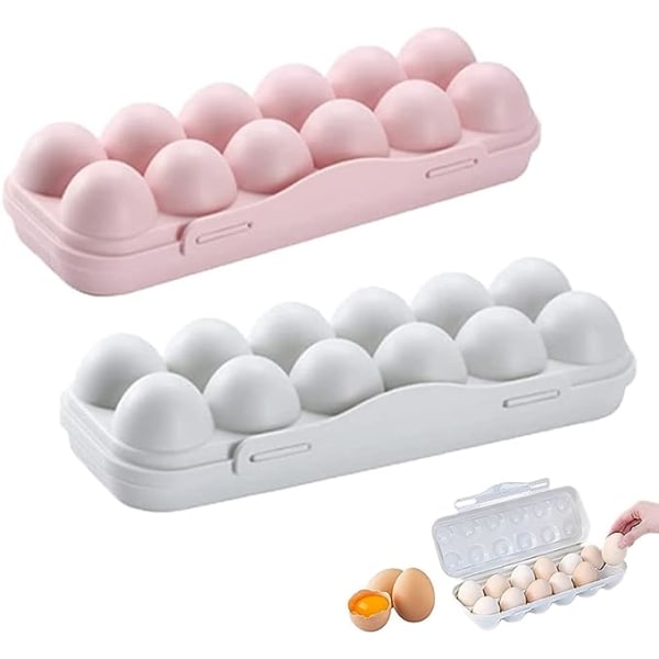 Äggförvaringslåda, 2 stycken Ägglåda Kylskåp, Ägglåda i plast, Kylskåp Ägghållare, 12 äggförvaringslåda, för äggförvaring (rosa, grå)