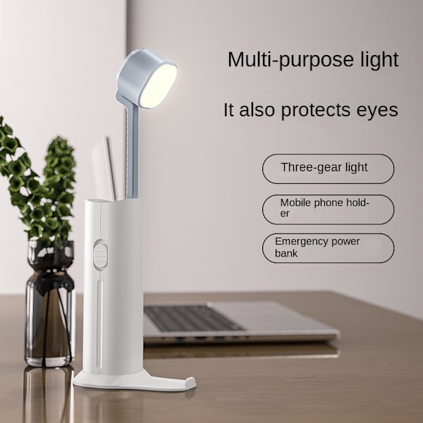 Multi ögonskydd skrivbordslampa Learning dedikerad LED-nattlampa för sovrummet USB uppladdningsbar utomhusficklampa, vit