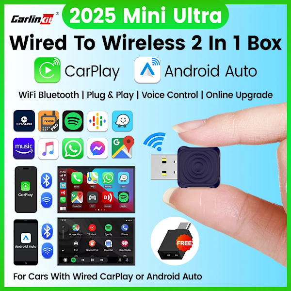 CarlinKit 5.0 Mini Ultra Trådlös Adapter Trådlös CarPlay Android Auto För OEM Bil Plug and Play WiFi Bluetooth Automatisk Anslutning