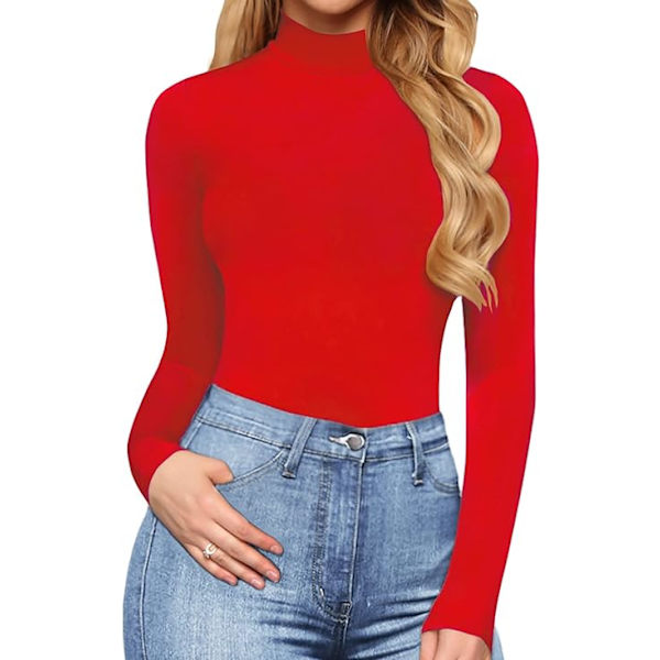 Langermet turtleneck-topp for kvinner (Rød, Large)