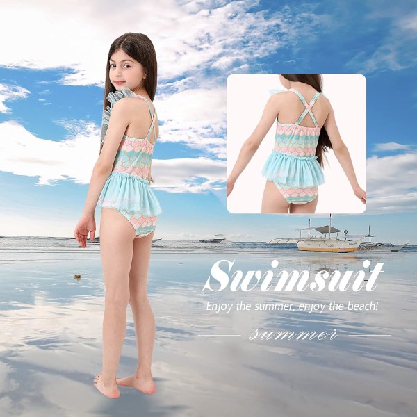 Flickor Barn 1-delad volang baddräkt i sjöjungfrustil för strand, sommarbaddräkt Holiday Beachwear(Gr-L 130-140)