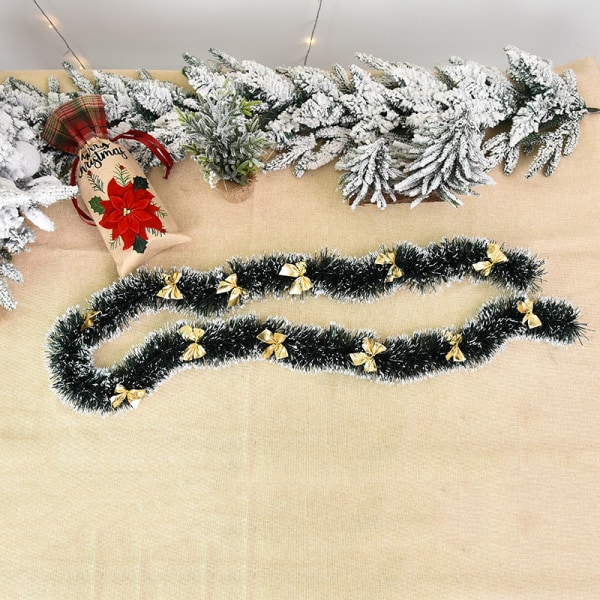 bitar av juldekorationer Julgranshänge, blomhänge, mörkgrön, vit kant, 2m mini ulltopp, vitt lime gräs