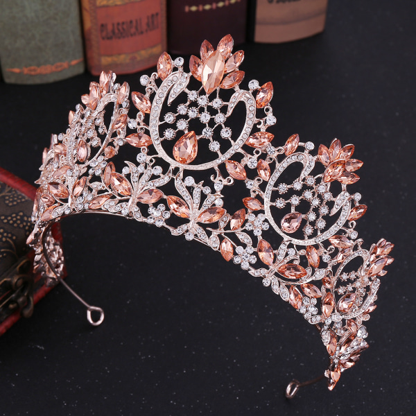 Strass tiara för kvinnor, bröllopskronprinsessans tiara pannband, tillbehör till baldräkt, roséguld + rosa kristall