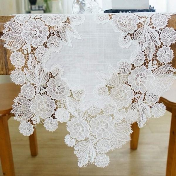 Vit Broderad Bordslöpare i Spets med Små Blommor, Gårdshus Mantel Scarf, för Sovrum, Rustikt Bröllop, Möhippa, Dekoration för Soffbord 13