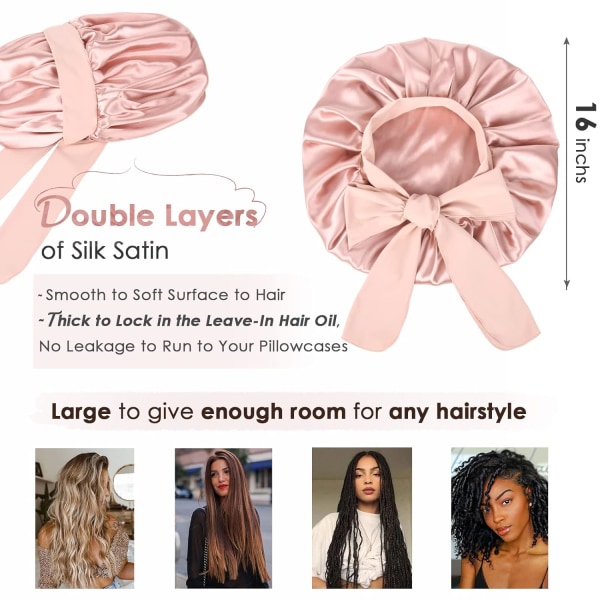 Satinmössa Silkesmössa för sömn Dubbelskiktad satinfodrad hårmössa med knytband Bonnets för kvinnor Naturligt lockigt hår pink